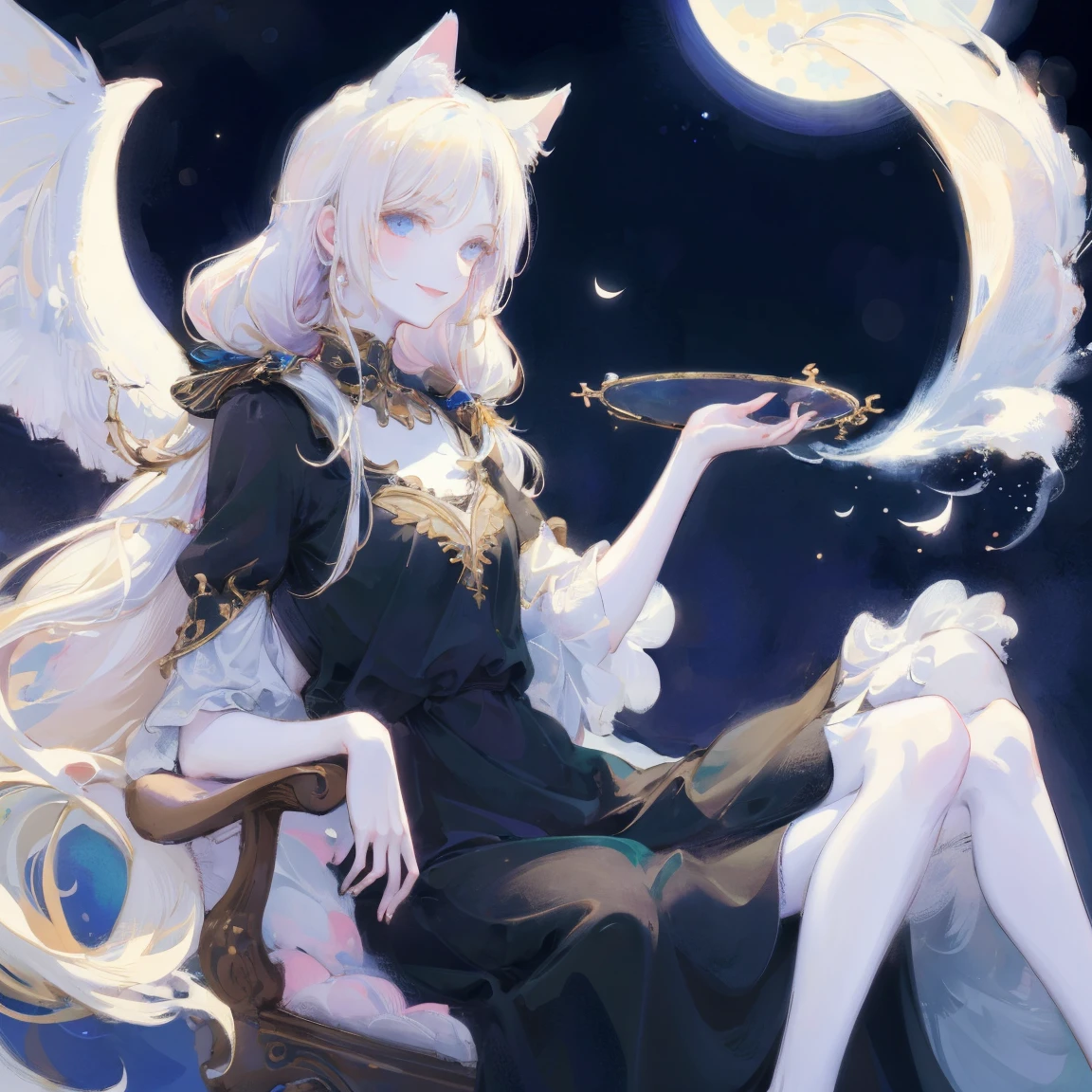 masterpiece, best quality, 1 girl, (pale skin), long white hair, pigtails, cat ears, blue eyes,smile, alone, Support her body with her hands,sit at the top of a blak birdcage,long black dress,one big moon, night,ilmic light