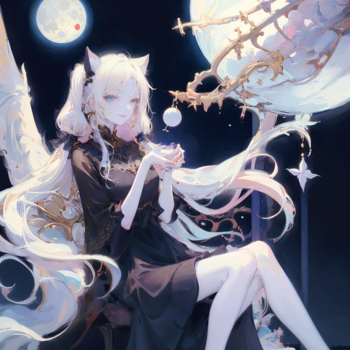 masterpiece, best quality, 1 girl, (pale skin), long white hair, pigtails, cat ears, blue eyes,smile, alone, Support her body with her hands，sit at the top of a blak birdcage，long black dress，one big moon, night,ilmic light