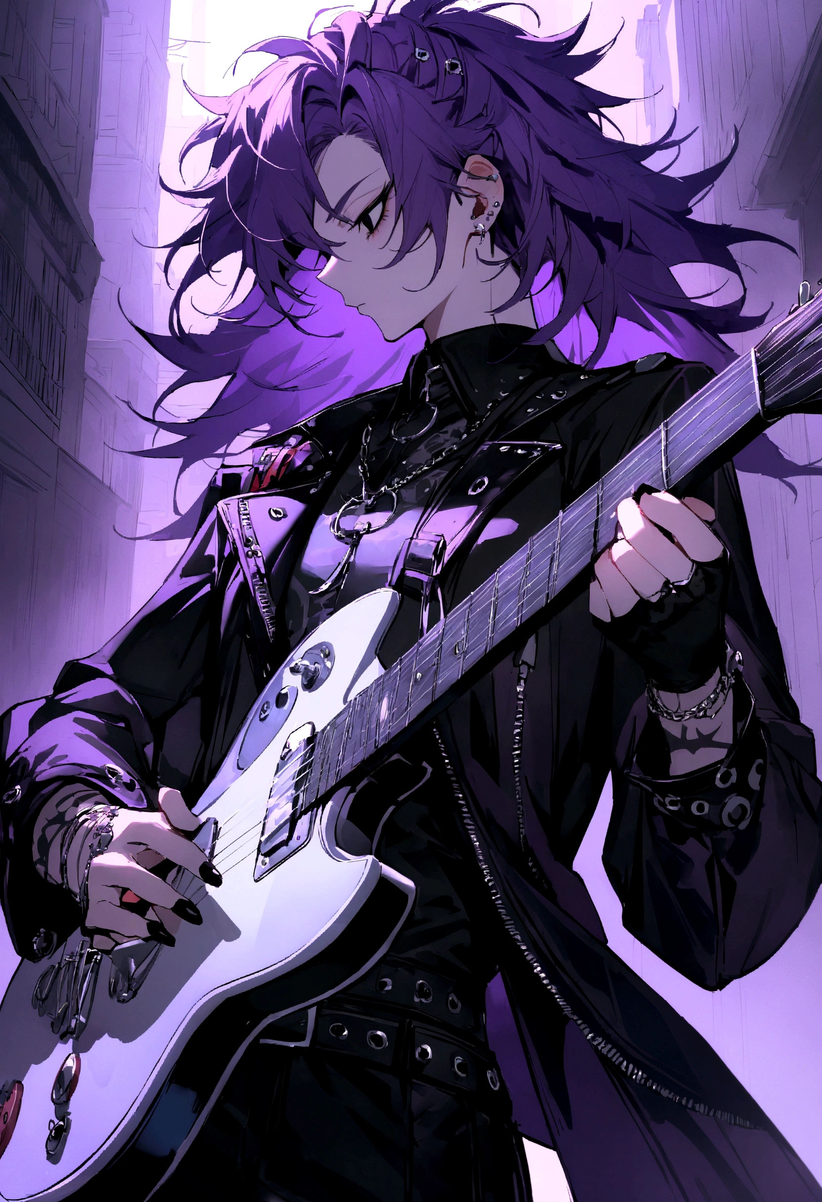 Handsome appearance , I'm playing the guitar. He is a profile, Seriously and positively, Focused Expression. He is holding a guitar in both hands. (masterpiece, 最high quality, high quality), One young man, I'm playing the guitar, ( Disheveled Hair), ,Cool backgrounds, Black eye color , Purple and black and silver clothes, Delinquent boy ,Rock Style , Purple Hair, 濃いPurple Hair, Y2K Punk Grunge Shirt, Y2K Punk Emo Grange Costume, Detailed costume, Y2k Punk Grunge Theme, Beautiful Style, Magnificent and elaborate character art, Detailed clothing y2k , Silver Accessories , musical
