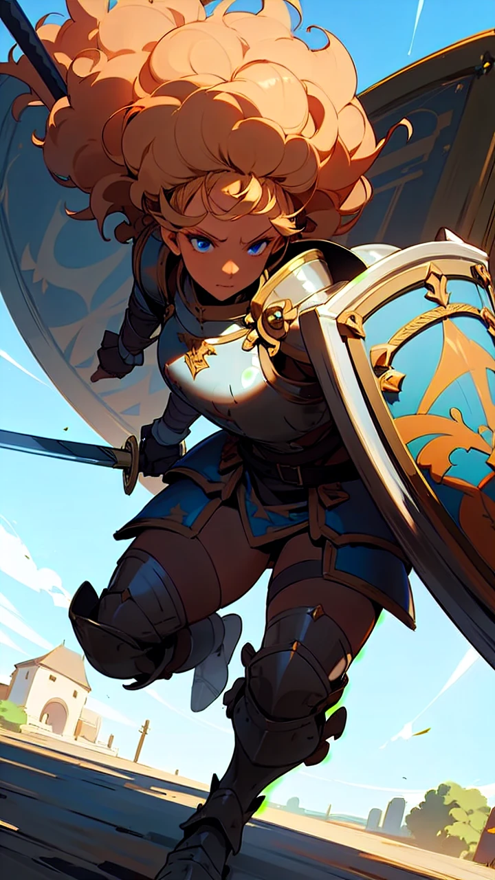 Medieval fantasy Anime. A Girl, 25 years old, royal knight, Paladin silver armor no helmet, beautiful but severe face, detailed face, ((dark sk nollin)), light blue eyes, detailed eyes, African American, semi-updo blonde curly hair, detailed body, (great guard shield in the left hand)), ((sword long in the right hand)), ((dynamic pose)), tense expression, ((add more details)), ((full body)). Detailed character, extreme attention to detail.