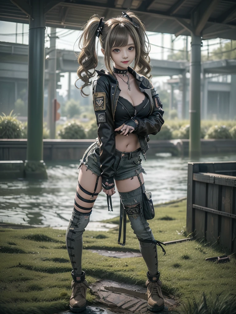 (Hostess:1.3)、(Smiling with teeth showing:1.3),(Shibuya Gal:1.5)、(Landmine Girl:1.4)、(Lolita Fashion:1.5)、(Punk RockVisual Kei:1.4)、(A modern short jacket in dark grey and moss green.:1.5)、(Tattered brown and charcoal denim low rise cargo pants:1.5)、(Mustard Yellow Headband:1.3)、(Charcoal and khaki striped knee socks:1.4)、collar、(Brown platform long boots)、(Clothing with logo pattern:1.4)、20-year-old、Browsing Caution,((Highest quality、In 8K、masterpiece:1.3))、Sharp focus:1.2、(Layered Cut、Huge breasts:1.1),Beautiful woman with perfect figure:1.4、(Doing an aerobics pose:1.3)、Slim Abs:1.2、Butt、Highly detailed face and skin texture、Fine grain、double eyelid,(Twin tails:1.3)、(Brownish golden hair:1.3)、Obscene、Idol Sculpture、(The landscape is a beautiful temple of water and forest:1.3)、(Slimming your legs:1.4)、(The body is slim:1.3)、(clavicle:1.1)