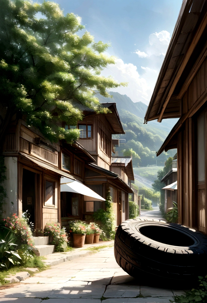 summer ladscape, road and single realistic tyre rolling on its own, beautifull weather, realistic 