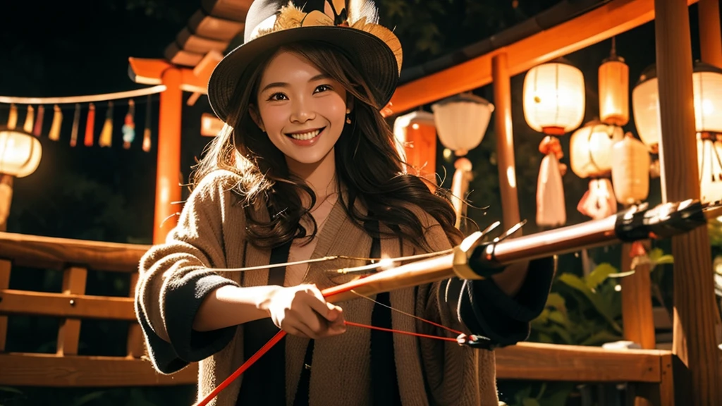 A Japanese witch holding a bow and arrow smiles at the camera