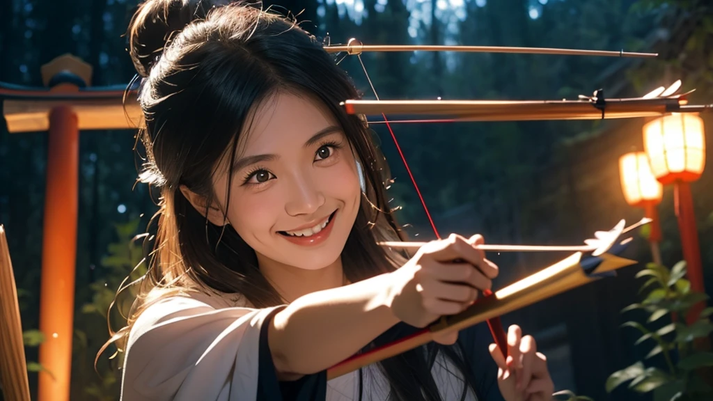 A Japanese witch holding a bow and arrow smiles at the camera