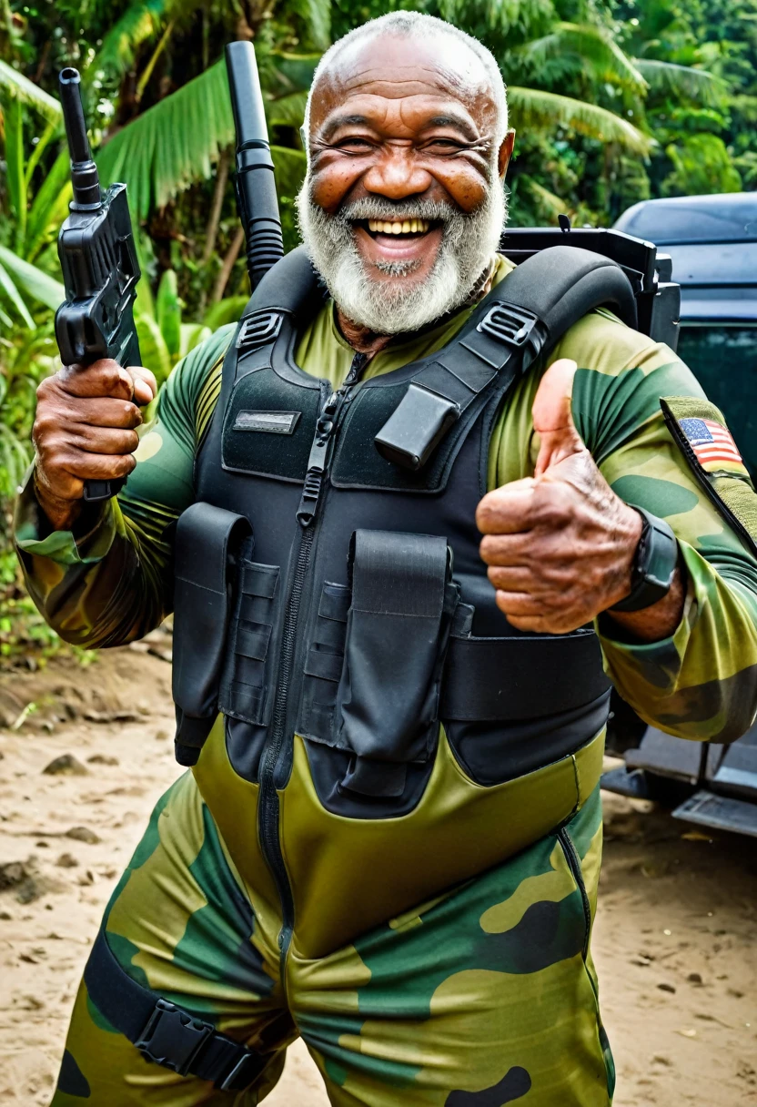 (a dark-skinned bearded fat muscular elderly old man in a bulky army camouflage zipper diver suit) masturbating, thumbs up, carrying a gun, muscular, Bruce Onobrakpeya, sumatraism, stanley artgermm, action, heroic, fierce, smiling