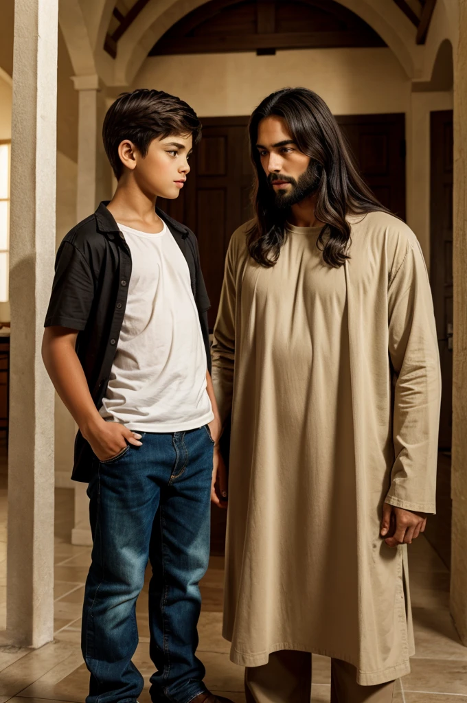 A beautiful Jesus Christ with a young boy standing with Jesus