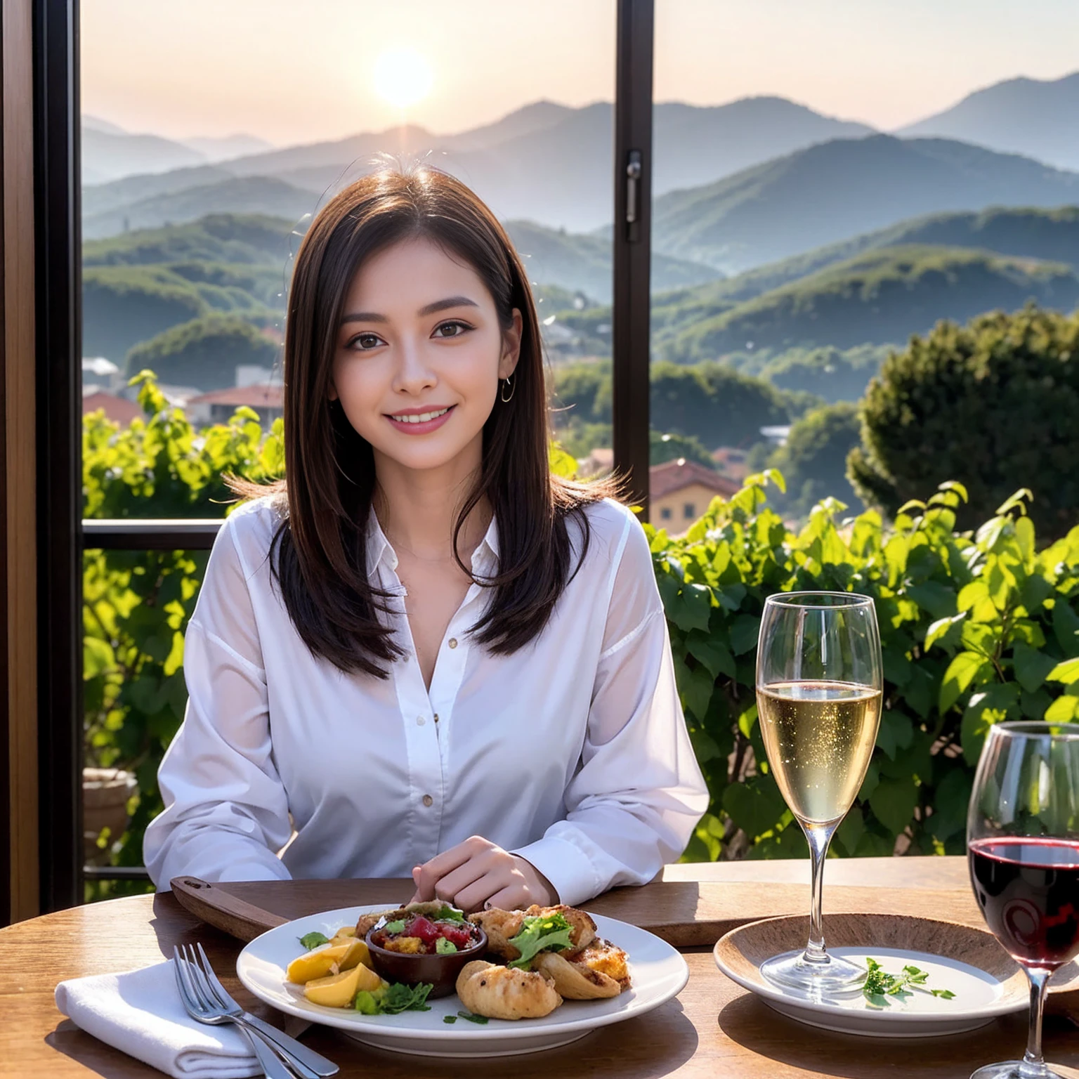 ((Highest quality、8K、masterpiece:1.3))、1 male、1 female、spouse、Beautiful couple、Japanese couple、smile、 (Slim face), (the body is スリム), (Brown Hair), (Shortcuts), ((Bob Hale、Straight hair:1.2)), テーブルの上のwine glass、Please shine a light on my face、 Amazing view of the sunset sky and clouds、Amazing mountain views、smileの美しさ、Bright image、Blushing, Shortcuts,Bright Face、 years old), 39 years old, red wine 、Appetizers、Italian food、Wine bottle、Champagne、sparkling wine、Long sleeve shirt、dress、Attractive beauty、restaurant, Nova Frog Style, actress, model, Upper Body, White wine, red wine, wine glass, 