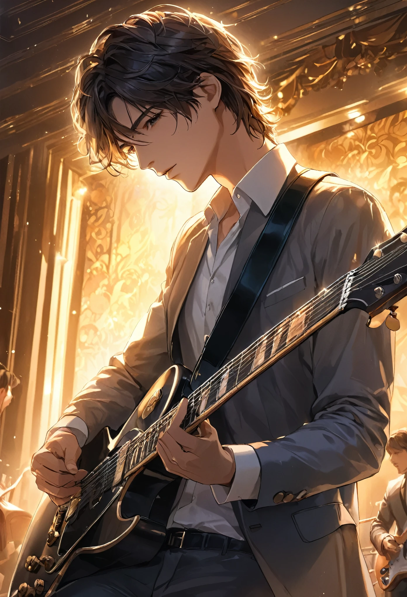 Handsome , Delicate and handsome guitarist playing guitar(The face is clear and perfect)image，The lighting art in the hotel scene is perfect as a background., beautifully, Complex illustration, Artwork Concept Art Masterpiece, Highest quality, Very detailed, High resolution