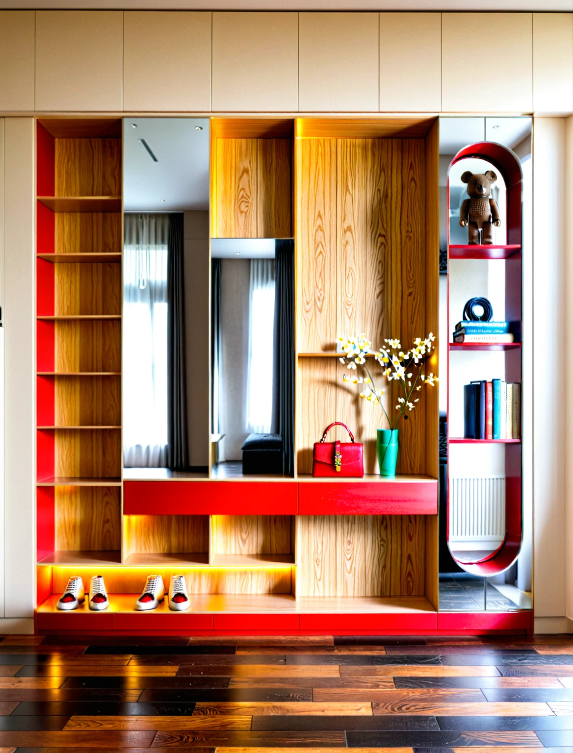 Raw photo,Masterpiece, high quality, best quality, authentic, super detail, interior, shoes Cabinet style modern luxury, shoe cabinets, decorative cabinets, flower vases, decorations, books, wooden floor, handbags, shoes, bearbrick, ((mirror)), (daylight:1.1), vivid colour, (realistic:1.2), 