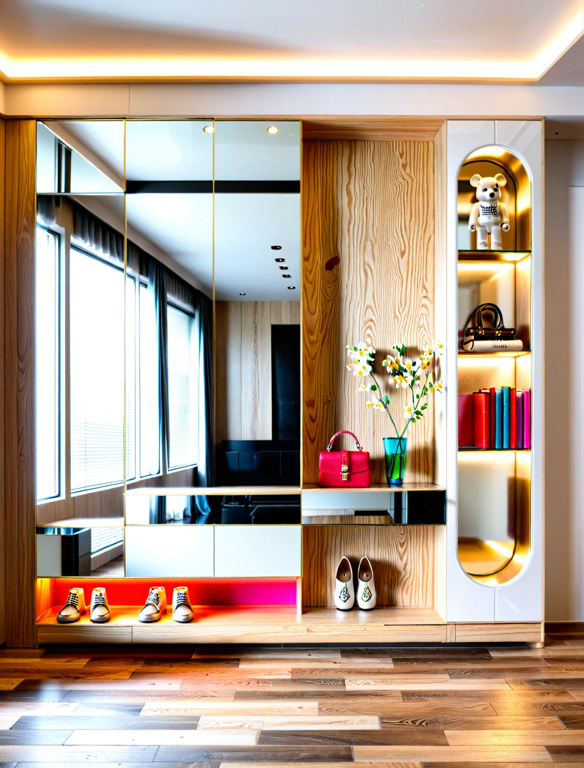 Raw photo,Masterpiece, high quality, best quality, authentic, super detail, interior, shoes Cabinet style modern luxury, shoe cabinets, decorative cabinets, flower vases, decorations, books, wooden floor, handbags, shoes, bearbrick, ((mirror)), (daylight:1.1), vivid colour, (realistic:1.2),