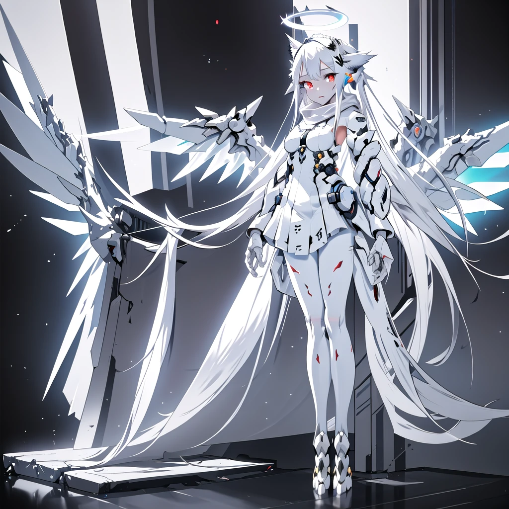 masterpiece, highest quality, highest resolution, clear_image, detailed details, White hair, long hair, cat ears, 1 girl, red eyes, white pantyhose, sci-fi military clothing, white scarf (white scarf around the neck with a light blue glow), gray futuristic halo (gray halo over the head), white wings (4 wings), cute, fulld body, no water marks, outer space