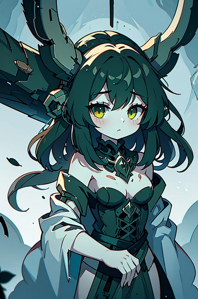 A withered, emaciated dryad stands amidst a barren wasteland, her tree-like limbs twisted and gnarled, devoid of leaves. The concept art is a detailed and haunting digital painting, capturing every intricate line and texture. Her skin is cracked and flaking, with hints of once vibrant green peeking through the decay. The background is desolate, with grey clouds swirling ominously overhead, conveying a sense of despair and desolation. The overall quality of the image is exceptional, with a stark and striking contrast between the decrepit dryad and her bleak surroundings.