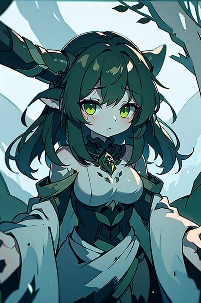 A withered, emaciated dryad stands amidst a barren wasteland, her tree-like limbs twisted and gnarled, devoid of leaves. The concept art is a detailed and haunting digital painting, capturing every intricate line and texture. Her skin is cracked and flaking, with hints of once vibrant green peeking through the decay. The background is desolate, with grey clouds swirling ominously overhead, conveying a sense of despair and desolation. The overall quality of the image is exceptional, with a stark and striking contrast between the decrepit dryad and her bleak surroundings.