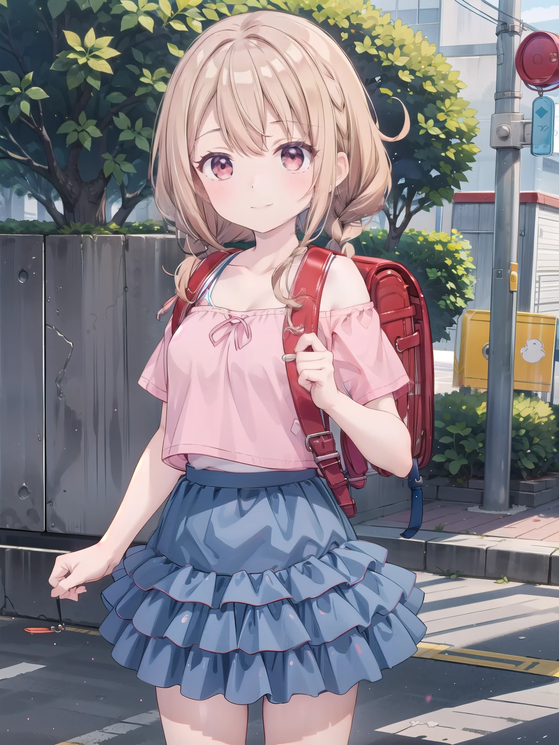 best quality, masterpiece, detailed,
ShirakawaMiyako,
solo, closed mouth, light smile,
brown hair, red eyes, twin braids,
MiyakoCasual, layered clothes, off shoulder, pink shirt, short sleeves, (dark blue skirt:1.4),
standing, looking at viewer,
outdoors, wearing brown backpack, (backpack:1.2)