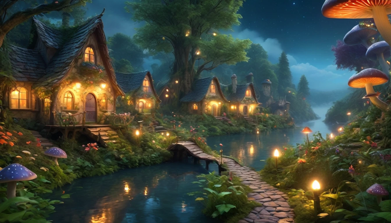 (best quality, 4k, 8k, highres, masterpiece:1.2), ultra-detailed, (realistic, photorealistic, photo-realistic:1.37), a charming fairy village at night, in the middle of a dense forest, enchanted forest, glowing mushrooms, whimsical treehouses, lush greenery, sparkling waterfalls, fairy lights, dainty flowers, serene atmosphere, fairy dust, ethereal beings, peaceful lakeside, cobblestone pathways, celestial stars, stunning architecture, mystical fog, harmonious colors, surreal ambiance, fairytale-like cottages, whispering winds, dream-like, imagination, tranquil haven, nocturnal magic, dense foliage, thick trees, overgrown vegetation, secluded, deep woods, night, overcast sky, thick clouds covering the sky
