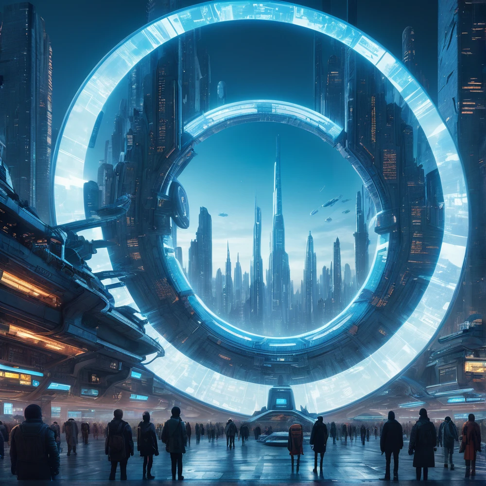 y4nn, Futuristic city with huge circular structure in the center of the central circle is blue light, sf, Detailed Matte Painting, Space Art, Super detailed, Shine from the inside, masterpiece, Highest quality,Cityscape,Biopunk , Wear a cyberpunk mask,4K, super high quality