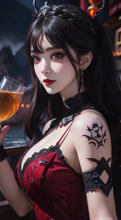 1 beautiful devil woman from hell,in the darkness nigth:1.6),Surrealist portraits of women by David Hockney and Alphonse Mucha,Fantasy art,korean-doll,photo-realism,Dynamic Lighting,artstation,poster for,Volumetriclighting,Very detailed faces,8k ultra,Award-Awarded ,dark,deepshadow,low tune,cowboy lens,(red phoenix dress:1.4),long whitr hair,brunette color hair,A half body,Luxurious court,Royal style,Demon Crown,Red eye makeup is very sharp and detailed,The most beautiful face,big and neat breasts,hyper realisitc,chinese women's clothing,polo neck sweater,Enchanted smile,The eyes are well made up,guweievil style,drank,The upper part of the body,2 bangs braids,White lace gloves,Redlip,Devil tattooed on shoulder wearing white lace thin robe,The mountains and rivers are gloomy and thunderous,sportrait,In the snow,snow mountains,Ice Lake,