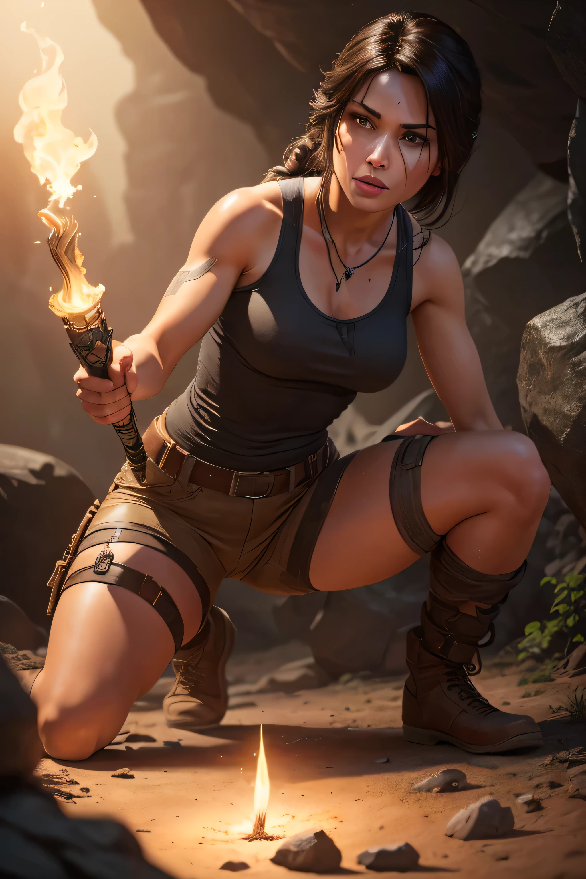 Create a realistic image of Lara Croft discovering an ancient artifact in an underground cave. Lara is wearing her classic Tomb Raider outfit: a tank top, cargo shorts, sturdy boots. She is illuminated by the light from her torch, which casts flickering shadows on the cave walls. The cave is filled with intricate carvings, ancient symbols, and stalactites hanging from the ceiling. Lara is kneeling or bending down, carefully retrieving the artifact from a pedestal or hidden compartment. The artifact is a detailed, mysterious object from one of the Tomb Raider games, such as the Scion from the original game or the Dagger of Xian from Tomb Raider II. perfect face, ultra detailed face, perfect brown eyes, beautiful face, perfect anatomy. Additional Details: Background: Underground cave with intricate carvings, ancient symbols, stalactites, and shadows cast by the torchlight. Artifact: Detailed, mysterious object from one of the Tomb Raider games (e.g., Scion, Dagger of Xian). Lighting: Flickering torchlight illuminating the scene, creating dramatic shadows and a sense of mystery. (8k, RAW photo, best quality, masterpiece:1.2),ultra-detailed, (high detailed skin:1.2), 8k uhd, dslr, soft lighting, high quality