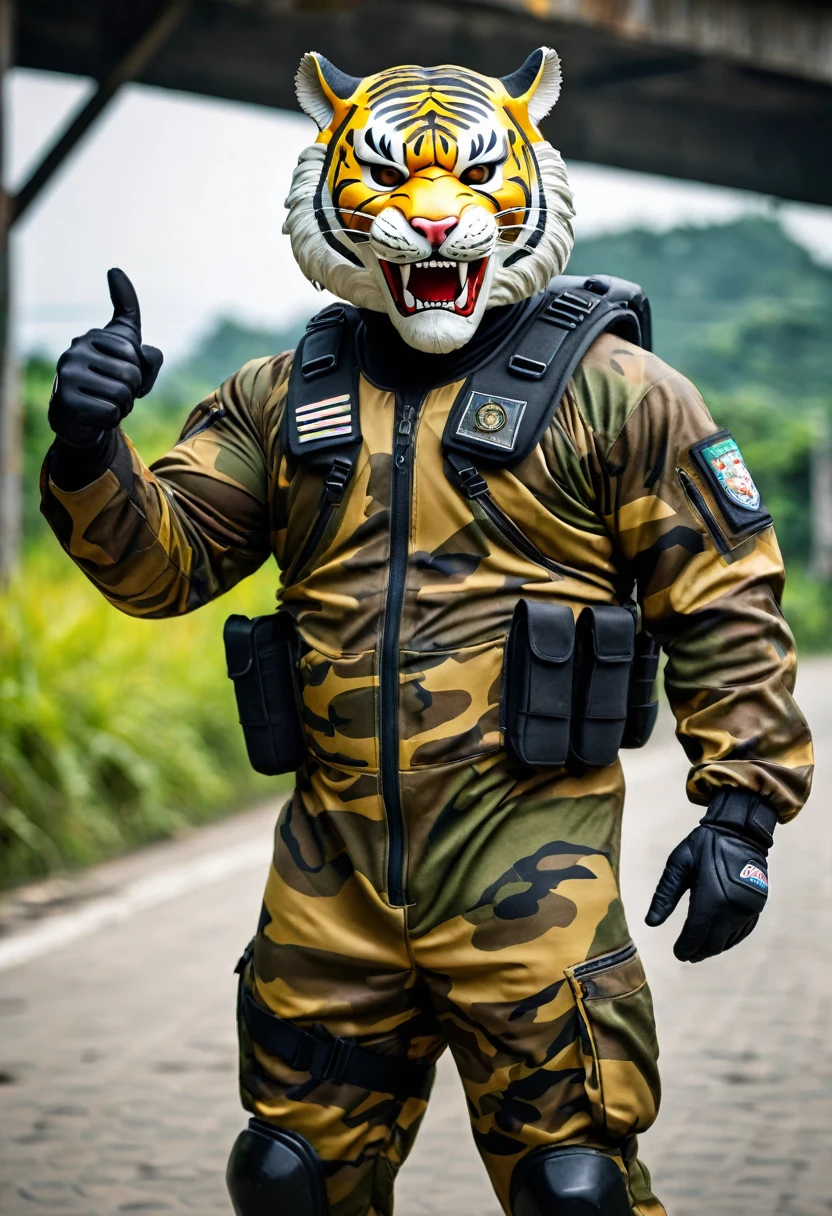(a dark-skinned fat muscular old man in a bulky camouflage zipper diver suit) carrying a gun inside of his belt holster and (wearing realistic roaring siberian tiger mask), thumbs up, muscular, Basuki Abdullah, sumatraism, action, a character portrait, heroic, fierce, snarling