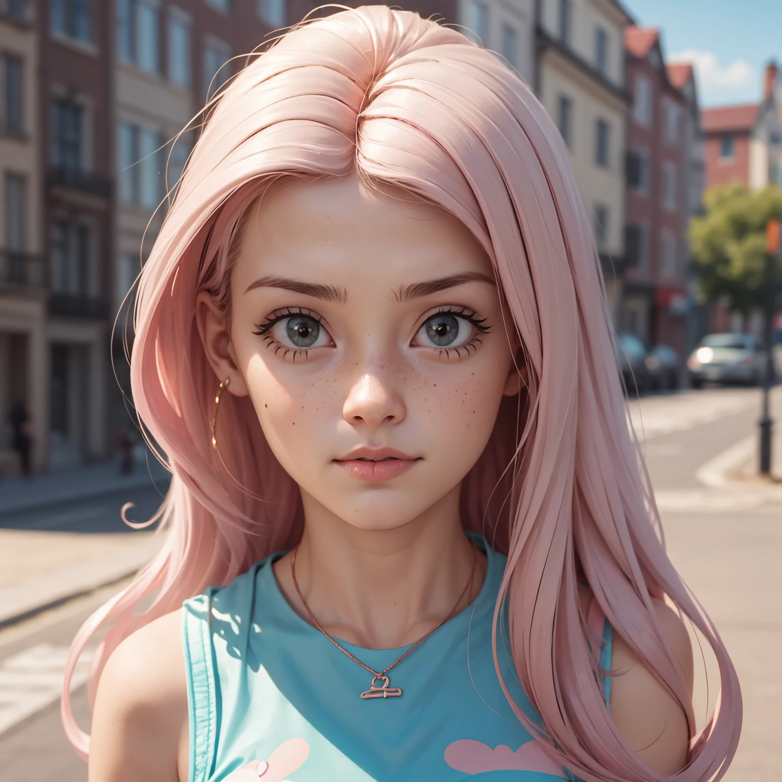 professional, masterpiece, 8k, hyperrealistic portrait of a **** cute ginger girl, long hair, pink hair, (looking shy:1.3), green eyes ,freckles, detailed face, detailed skin, photography, hq, photorealistic