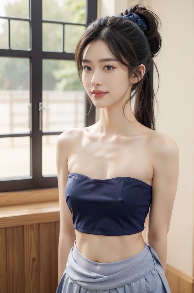 (((best quality))),(((ultra detailed))),(((masterpiece))),illustration,1girl,solo,tonogui,short ponytail,slim,thin,small breasts,flat chest,strapless white tank top,navel,maxi navy-blue kendo hakama,standing in kendo gym,arms behind back,focused and determined expression,ready for challenge,slender and elegant face,confident and resilient,fair skin,blush,neat teeth,bright smile,clean and tidy uniform,wooden gym floor,wall,pine scent,standard grip,ready to slice through obstacles,strong belief,determination,spirit of resilience,admiring,from front,upper body,