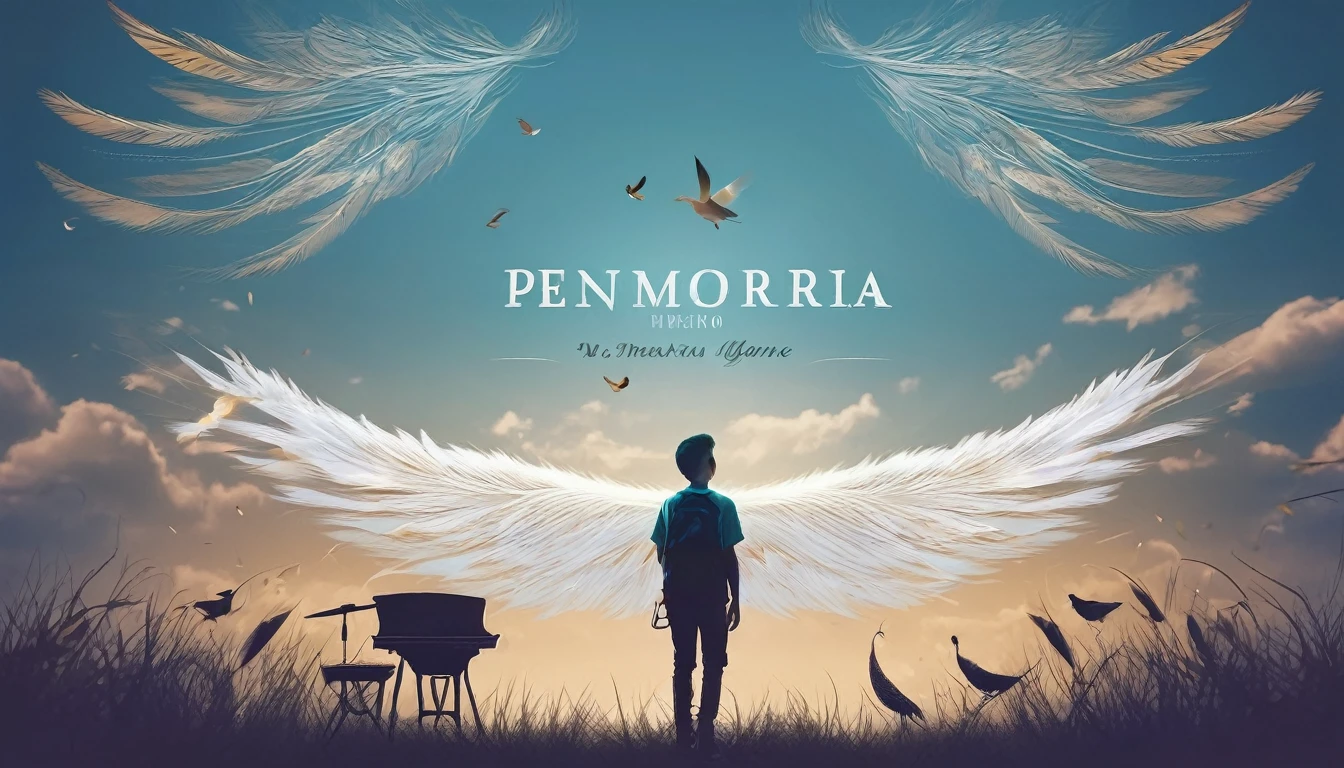 Create a professional, fantastic, cinematic dream-like Youtube Banner for a brand about music, stories, fantasy and dreams called " Penamemoria". Masterpiece, 4k, sharp focus, highest quality,wide shot. The title is " Penamemoria". Is a brand about the creative, unique journey of a boy into becoming a musician storyteller. In his journey he finds inspiration in a world of birds and feathers. Minimalistic, simple, poetic, dreamy logotype at the center of the image. The Background image is a world full of fantastic feathers, unique birds, light blue sky, soft white and light golden. Logo design of a face of a boy and a face of a feather.