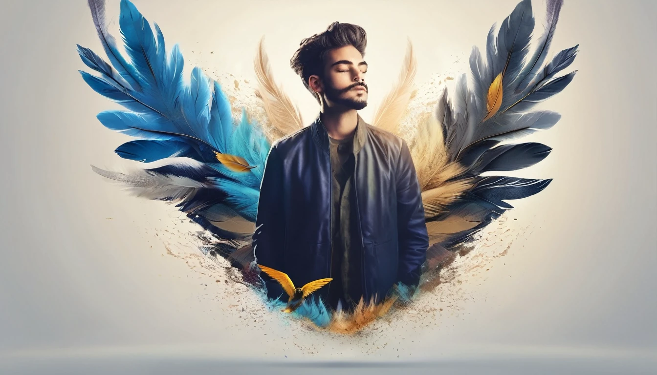 Create a professional, fantastic, cinematic dream-like Youtube Banner for a brand about music, stories, fantasy and dreams called " Penamemoria". Masterpiece, 4k, sharp focus, highest quality,wide shot. The title is " Penamemoria". Is a brand about the creative, unique journey of a boy into becoming a musician storyteller. In his journey he finds inspiration in a world of birds and feathers. Minimalistic, simple, poetic, dreamy logotype at the center of the image. The Background image is a world full of fantastic feathers, unique birds, light blue sky, soft white and light golden. Logo design of a face of a boy and a face of a feather.