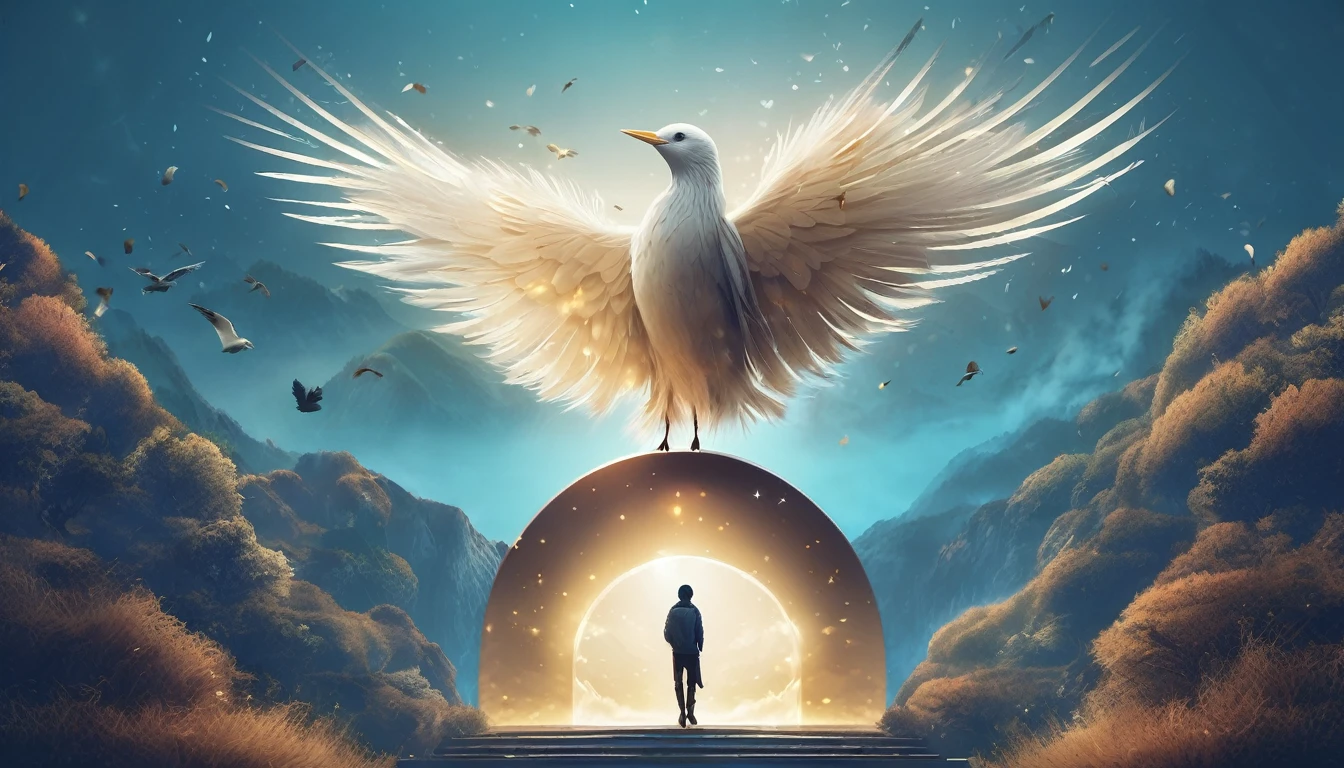 Create a professional, fantastic, cinematic dream-like Youtube Banner for a brand about music, stories, fantasy and dreams called " Penamemoria". Masterpiece, 4k, sharp focus, highest quality,wide shot. The title is " Penamemoria". Is a brand about the creative, unique journey of a boy into becoming a musician storyteller. In his journey he finds inspiration in a world of birds and feathers. Minimalistic, simple, poetic, dreamy logotype at the center of the image. The Background image is a world full of fantastic feathers, unique birds, light blue sky, soft white and light golden. Logo design of a face of a boy and a face of a feather.