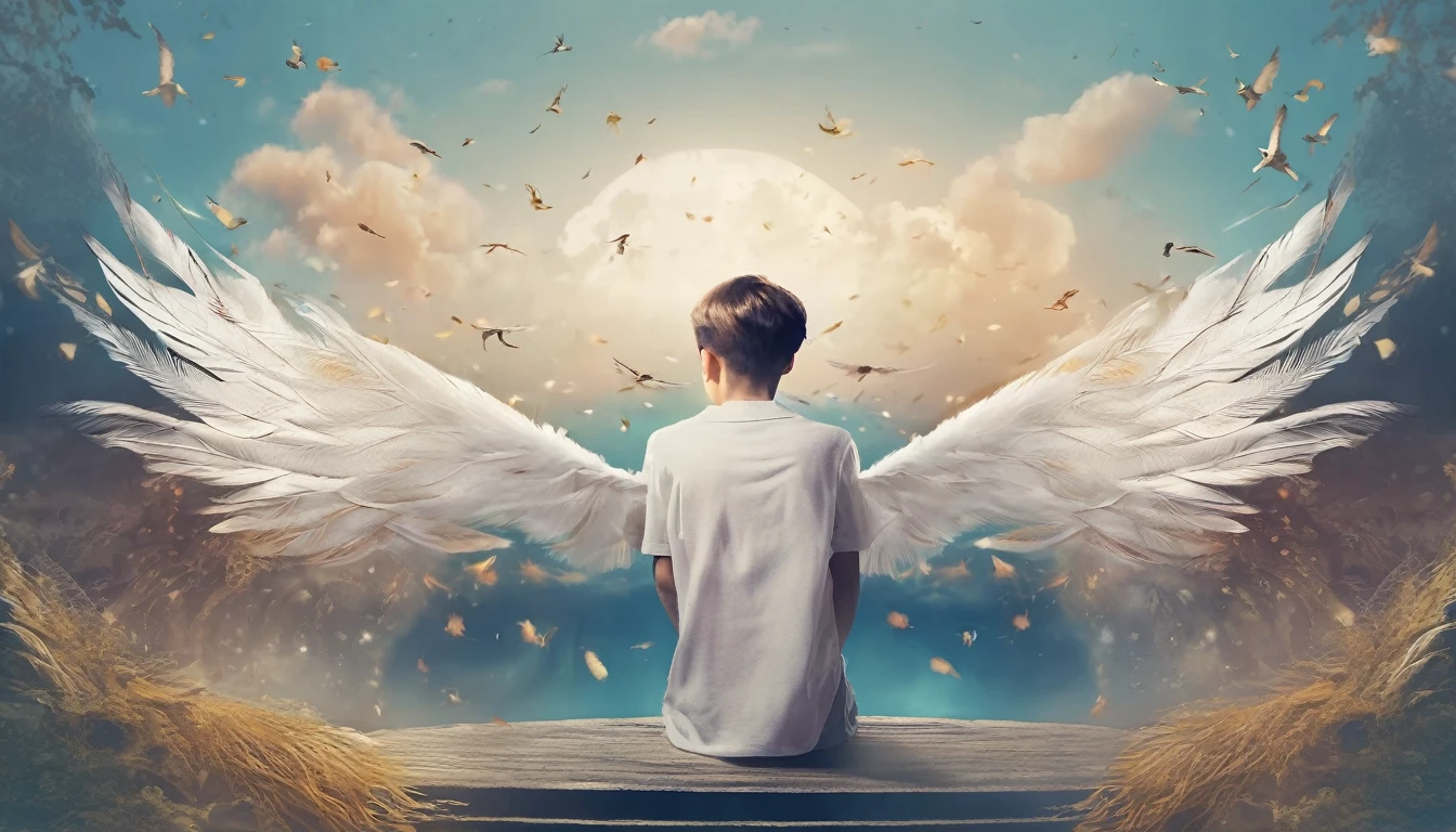 Create a professional, fantastic, cinematic dream-like Youtube Banner for a brand about music, stories, fantasy and dreams called " Penamemoria". Masterpiece, 4k, sharp focus, highest quality,wide shot. The title is " Penamemoria". Is a brand about the creative, unique journey of a boy into becoming a musician storyteller. In his journey he finds inspiration in a world of birds and feathers. Minimalistic, simple, poetic, dreamy logotype at the center of the image. The Background image is a world full of fantastic feathers, unique birds, light blue sky, soft white and light golden. Logo design of a face of a boy and a face of a feather
