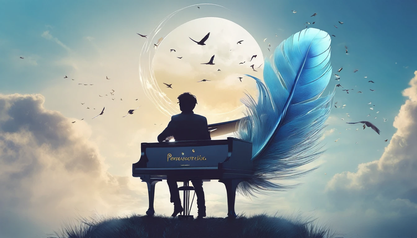 Create a professional, fantastic, cinematic dream-like Youtube Banner for a brand about music, stories, fantasy and dreams called " Penamemoria". Masterpiece, 4k, sharp focus, highest quality,wide shot. The title is " Penamemoria". Is a brand about the creative, unique journey of a boy into becoming a musician storyteller. In his journey he finds inspiration in a world of birds and feathers. Minimalistic, simple, poetic, dreamy logotype at the center of the image. The Background image is a world full of fantastic feathers, unique birds, light blue sky, soft white and light golden. Logo design of a face of a boy and a face of a feather