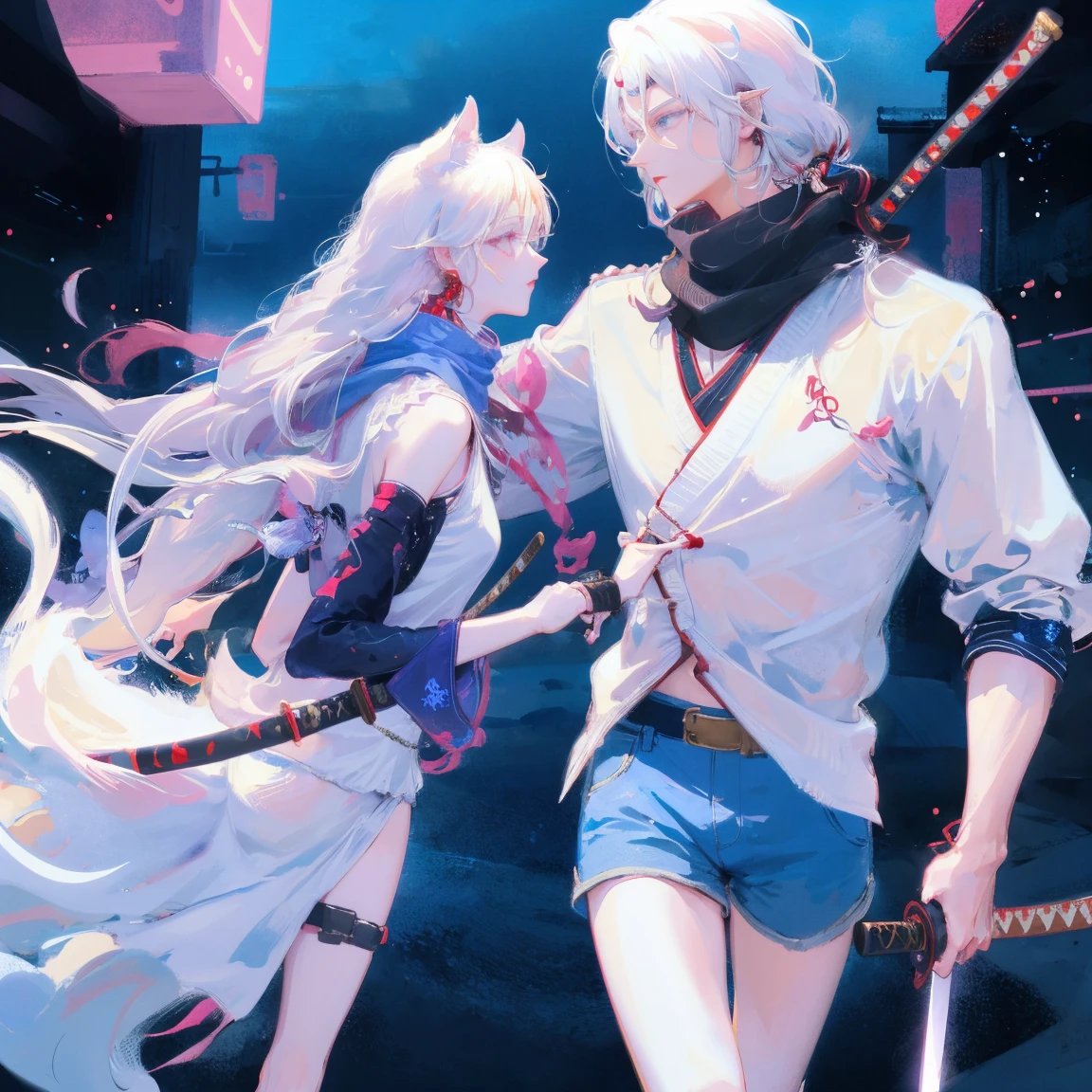 a beautiful girl with sparkling eyes, long white hair, white cat ears, blue eyes, wearing a scarf and hot pants, in a post-apocalyptic world, futuristic neon environment, holding a katana and ninja sword, samurai warrior