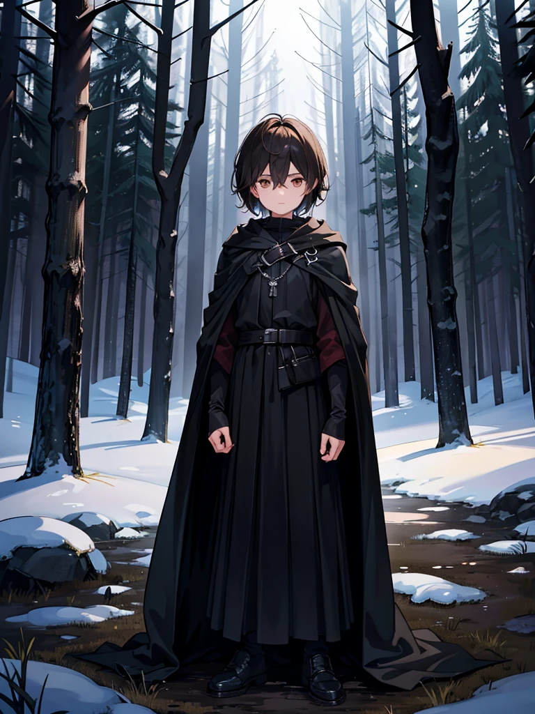A young 14 year-old boy. He has warm brown eyes. His hair is a pitch black. He sports a flowing black cloak. He stands in the shadows of the dark forest around him. His face is masculine