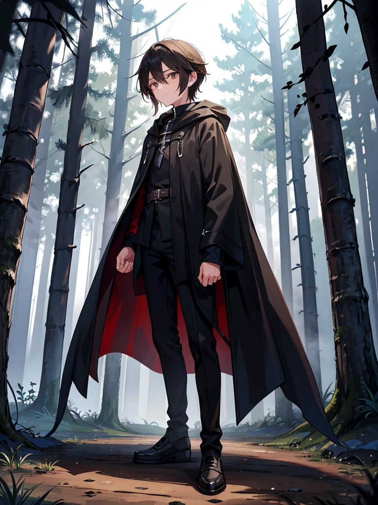 A young 14 year-old boy. He has warm brown eyes. His hair is a pitch black. He sports a flowing black cloak. He stands in the shadows of the dark forest around him. His face is masculine