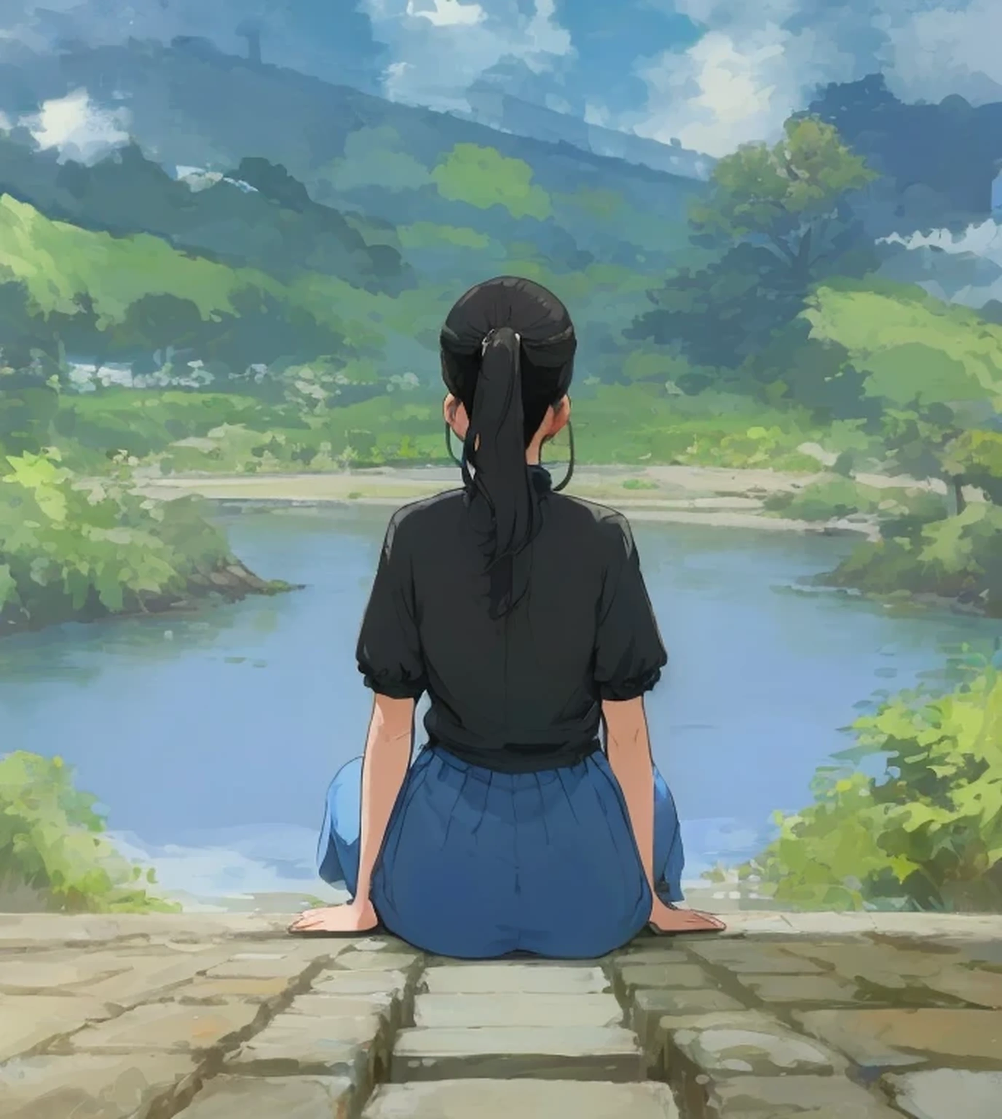Woman sitting on stairs、back view、Turning his back、Low angle from directly behind、ponytail