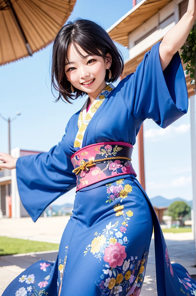 A beautiful smiling woman in a kimono greets people with a cheerful "Good morning" as she dances with her arms open under the blue sky