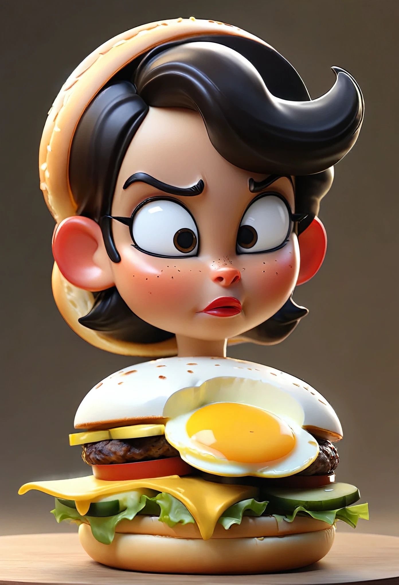 Cartoon little burger non lettuce, bun bread, mayonaise, patty, cheese, pickles, egg, bun bread