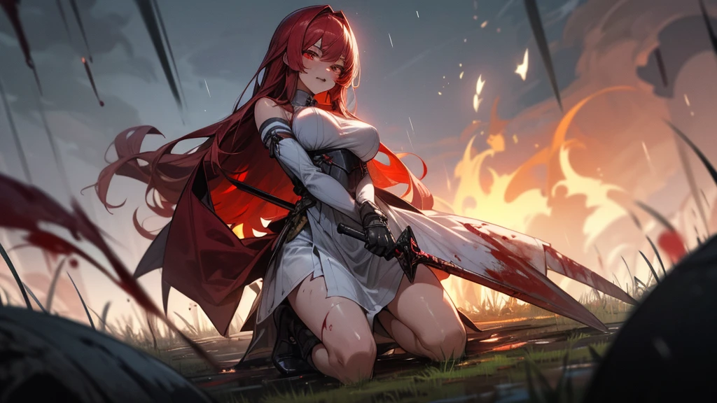 weird atmosphere, (best quality:1.1), (masterpiece:1.2), high quality shadow, beautiful detailed, (high detailed skin, skin details), (wide landscape, 8k), depth of field, highres, best illumination, (sexy), outdoors, blurry background, HD hair, beautiful face, perfect skin, red hair, long hair, (big breasts), blood particles, (night), sharp teeth, glowing red eyes, blood on face, blood on clothes, blood splashing, female knight kneel in the war fields, white dress, leavage, stocking, high heels, attack pose, close to viewer, gripping blue flame sword, heavy rain, in the grassland, foggy, wet body, wet hair, hair fluttering, bare shoulder, blue flame