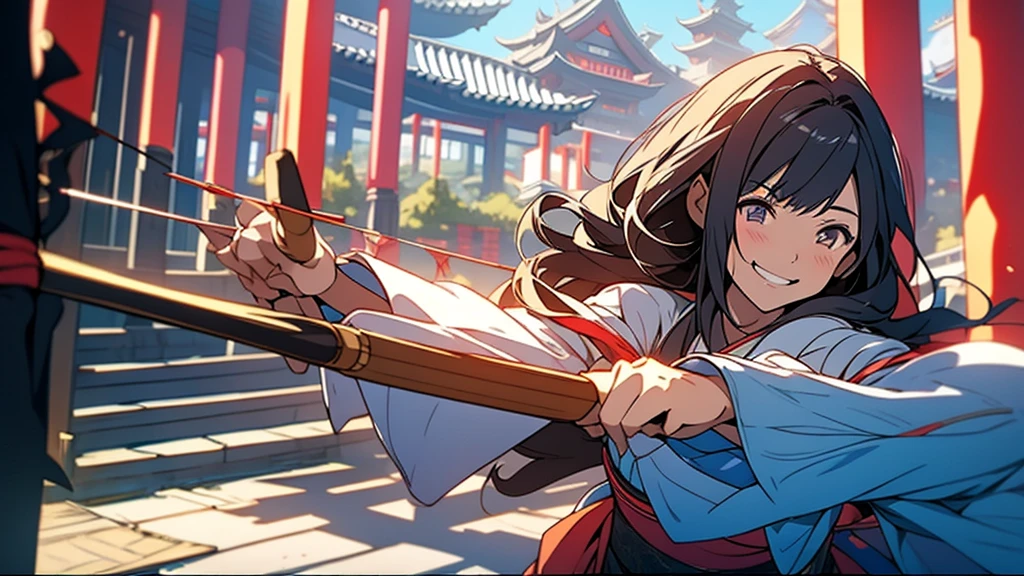 A Japanese witch holding a bow and arrow smiles at the camera in front of the temple,Anime style
