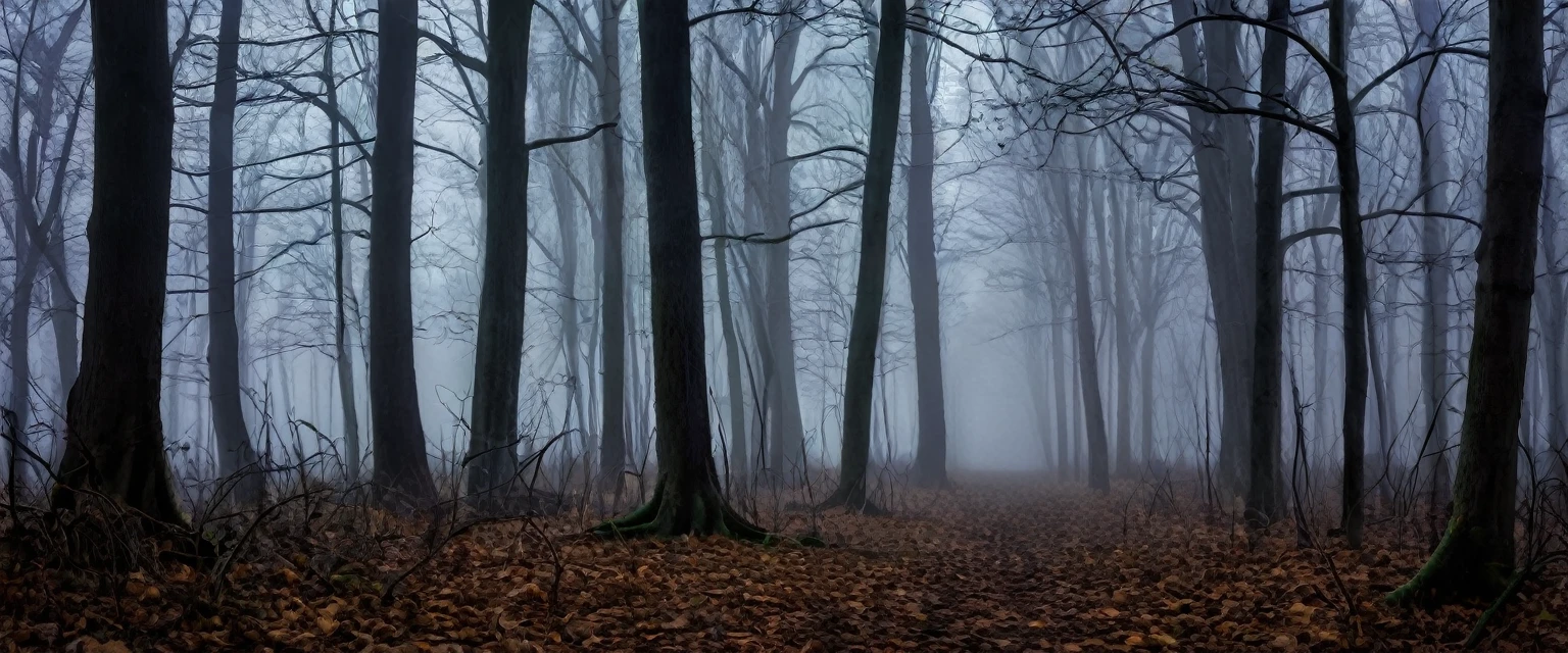 Create a dark, dense forest scene filled with thick, swirling fog. Trees should be tall and close together, with branches that bend and extend outward. The atmosphere should be eerie and mysterious, with little light filtering through the dense canopy. smoky, imitative, dark, mystical, ghostly, moonlight, spooky. (8K, high detail, contrast, clear, focus, sharp)
