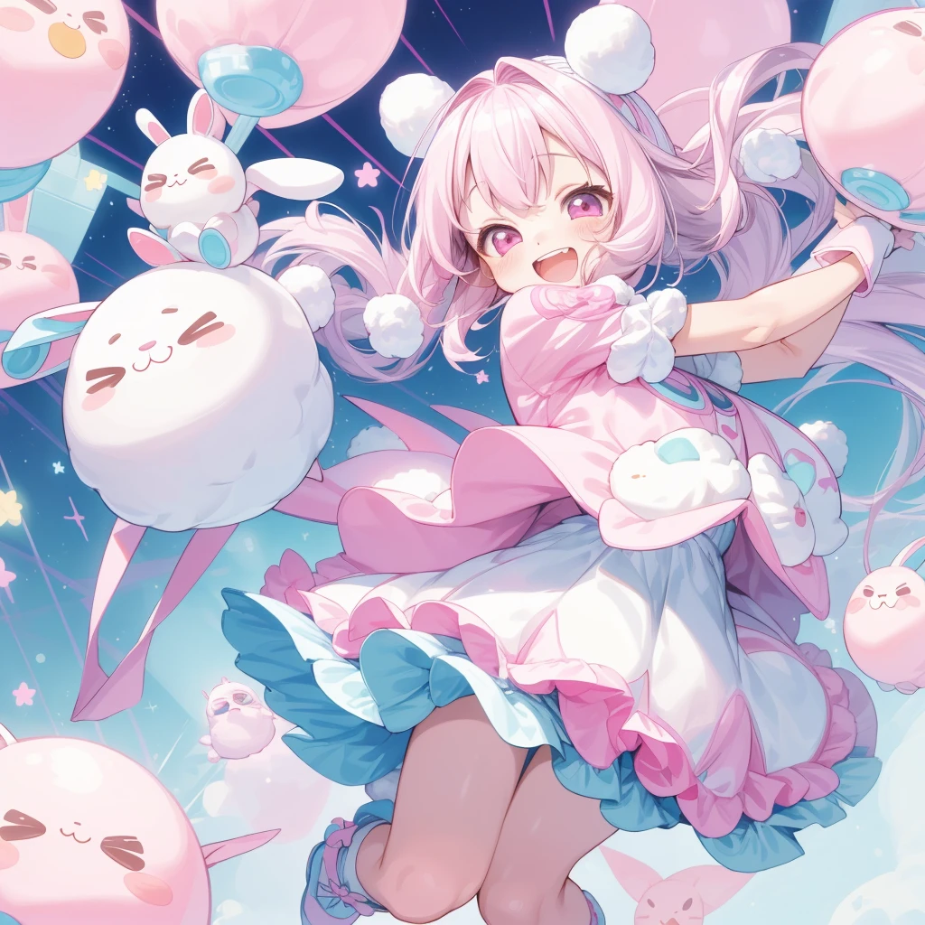 First Job, Better Quality, 1. garota Laughter, Pink and white hair, Milky hair, Little , Little, Laughter (Solo Girl),kawaii tech,Large stuffed rabbit、