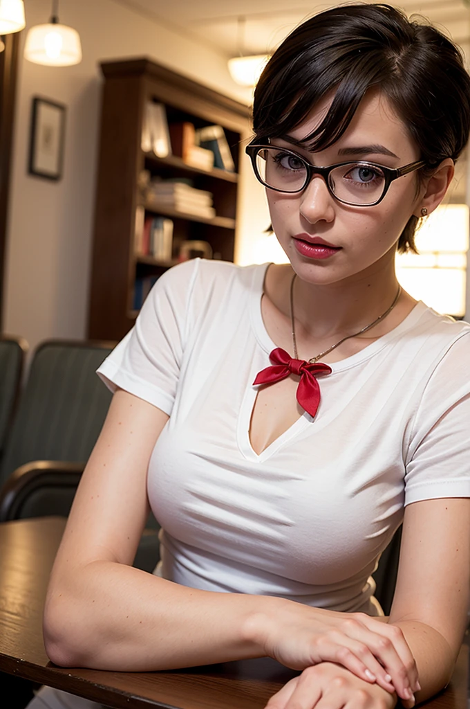 Kat Dennings, teacher clothes, low-cut shirt, glasses, red lipstick.