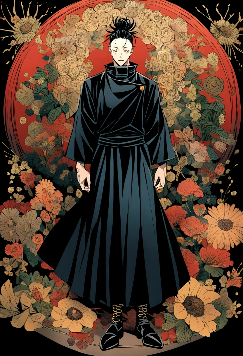 Make a drawing of the character Ryomen Sukunado (anime jujutsu kaisen). Do it full body.