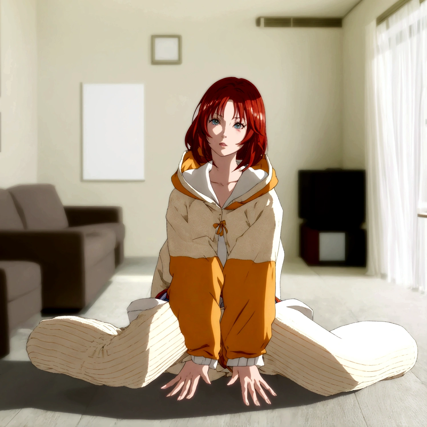 anime - style image of a woman sitting on the floor in a living room, the anime girl is crouching, realistic anime 3 d style, 3 d anime realistic, anime styled 3d, 3d anime girl, made with anime painter studio, 3 d anime, sayori, 3d anime, asuka suit under clothes!, pixiv 3dcg