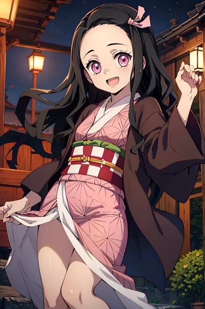 ((highest quality)), ((masterpiece)), (be familiar with), perfect face, indoor, Bedroom, looking at the viewer,
one woman, Kamado Nezuko,
open mouth, ecstatic expression, blush, smile,
small breasts, flat chest, young girl, , , girl,
long hair, black hair, pink eyes, long hair,
Completely naked, Nipple exposed, Sex with a man with a big cock, 膣内ejaculation, semen splashes, Insert a into your, sex in missionary position, , spread legs,