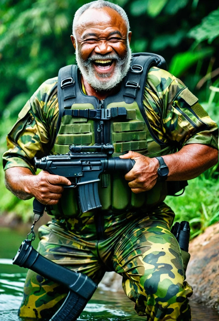 (a dark-skinned bearded fat muscular elderly old man in a bulky army camouflage zipper diver suit) masturbating, thumbs up, carrying a gun, muscular, Bruce Onobrakpeya, sumatraism, stanley artgermm, action, heroic, fierce, laughing