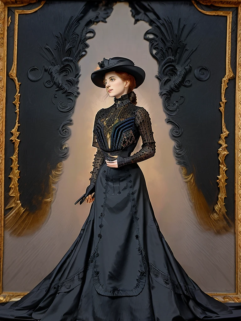 masterpiece, uhd, sharp color photo of one beautiful woman wearing a high-neck layered black dress, with a hat on and hourglass figure, wasp waist, coseted, at a Parisian cafe belle epoche dress