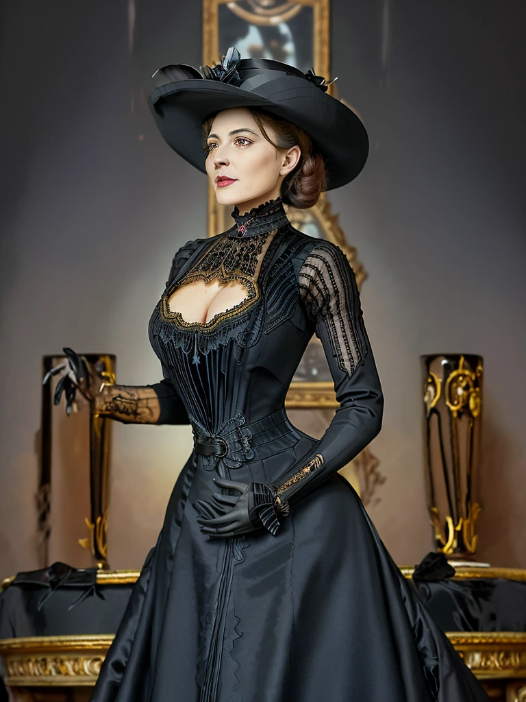 masterpiece, uhd, sharp color  photo of one beautiful woman wearing a high-neck layered black dress, with a hat on and hourglass figure, wasp waist, coseted, at a Parisian cafe  belle epoche dress