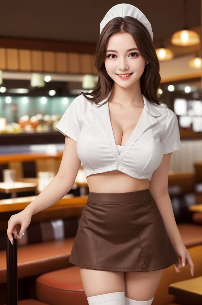 Highest quality, shape, Very detailed, In detail, High resolution, 8k wallpaper, Perfect dynamic composition, Beautiful attention to detail, Wavy long hair,Big breasts and natural lips, Sexy pose,smile,25-year-old woman、Beautiful woman、Looking into the camera、Ultra-realistic、(((reality:1.5))),(((white Waitress costume、Black Mini Skirt、family restaurant、Dark Brown Hair、Brown Eyes、Big and beautiful eyes:1.5)))、Standing posture、(((One Woman:1.5))),(((Japanese)))