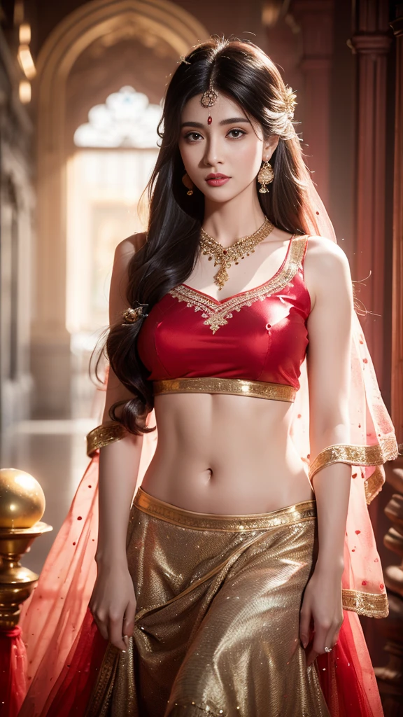 4K, UHD, masterpeice, 1 girl, good face, detailed eyes, detailed lips, very long hair, straight hair, very long hair, beautiful hair, hair ornaments, hairband, gradient hair, ((red lehenga)), ((bridal lehenga)), ((decorated blouse)), sardine, ((jwellery on lehenga)), ((red lace)), ornaments, necklace, earring, high lighting, ((bare stomach)), wedding stage, fujicolor, depth of field, ray tracing, ultra realistic detail, 