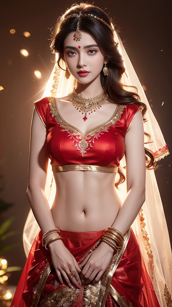 4K, UHD, masterpeice, 1 girl, good face, detailed eyes, detailed lips, very long hair, straight hair, very long hair, beautiful hair, hair ornaments, hairband, gradient hair, ((red lehenga)), ((bridal lehenga)), ((decorated blouse)), sardine, ((jwellery on lehenga)), ((red lace)), ornaments, necklace, earring, high lighting, ((bare stomach)), wedding stage, fujicolor, depth of field, ray tracing, ultra realistic detail,